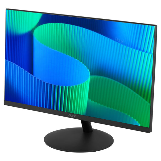 Side angled view of the Acer ET241Y 24" IPS Monitor with a blue and green abstract design on the screen, on a white background