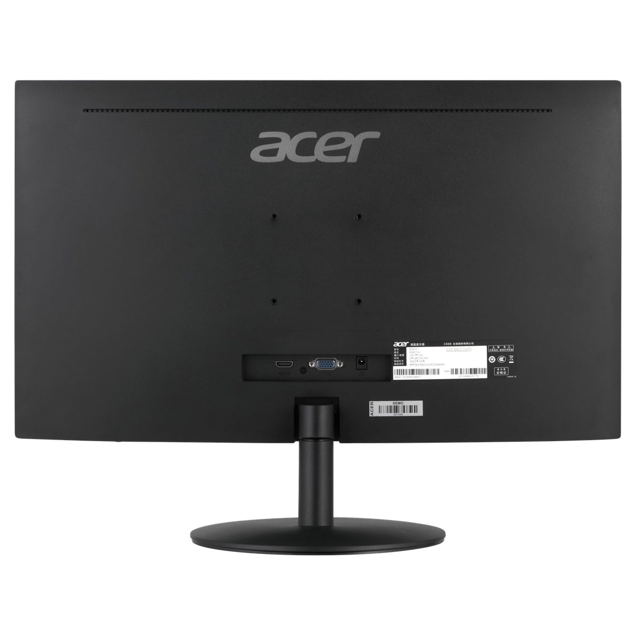 Back view of the Acer ET241Y 24" IPS Monitor showing the VESA Mounting, HDMI, VGA and power ports on a white background