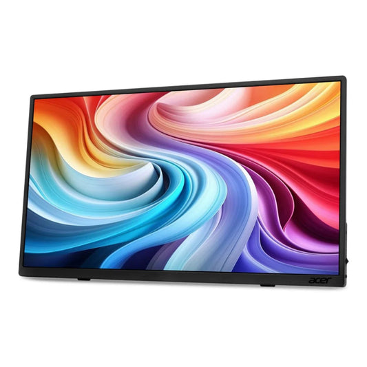 Angled view of the Acer PM161QT 15.6" Touch screen monitor with and abstract design on the screen.