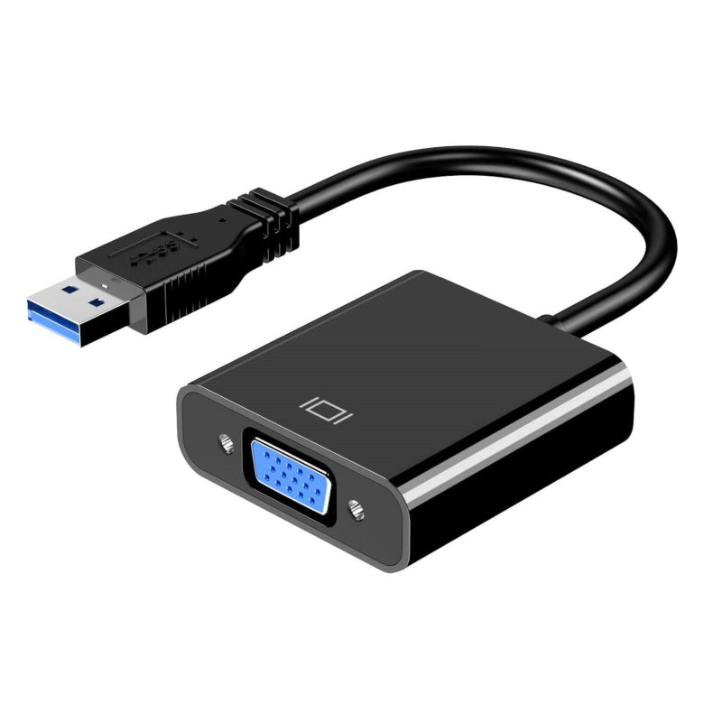 Black USB to VGA adapter on a white background