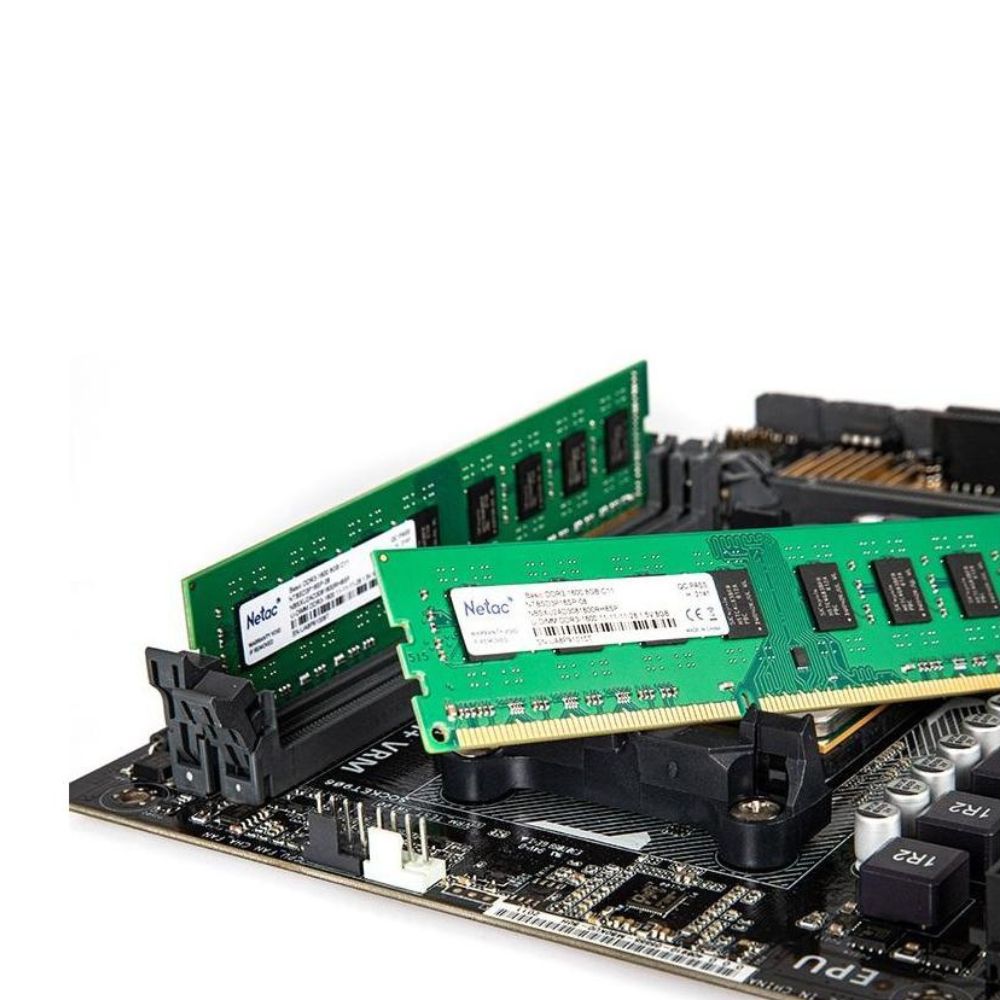 Two 8GB DDR3 1600MHz UDIMM RAM modules installed in a desktop motherboard for standard upgrades (PC3-12800).