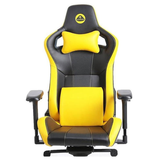 OCPC Lotus gaming chair in black/yellow, ergonomic racing-style seat with adjustable armrests and lumbar cushion.