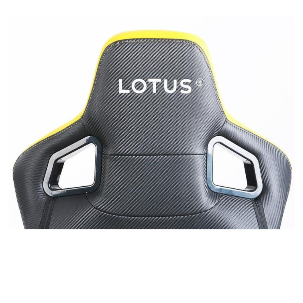 OCPC Lotus gaming chair backrest with carbon-fiber pattern and yellow trim, ergonomic design.