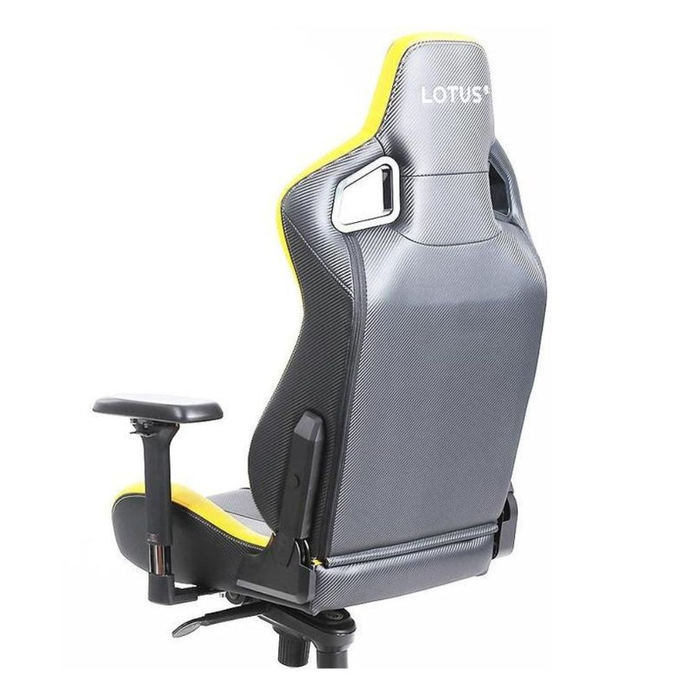 OCPC Lotus Gaming Chair with yellow trim, ergonomic design, and adjustable armrests for premium comfort.