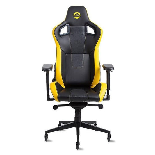 OCPC Lotus gaming chair in black-yellow, ergonomic high-back with adjustable armrests and wheeled base.