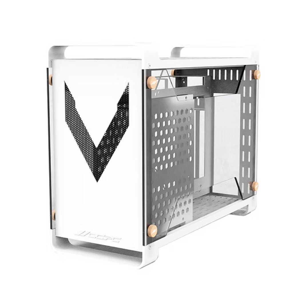 White OCPC Vittoria ITX mini-ITX PC case with tempered glass side panel and V logo on front.