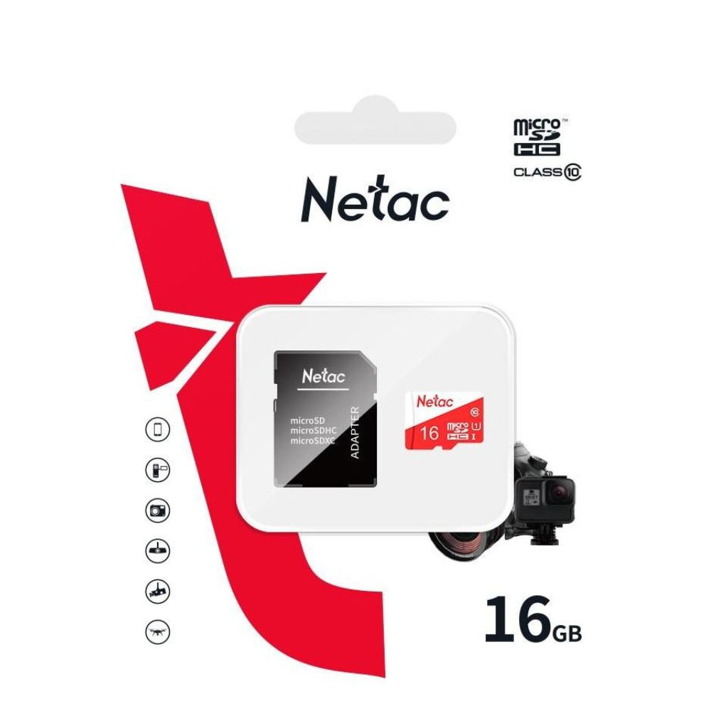 Netac P500 Eco 16GB Class 10 microSD card with SD adapter in white packaging.