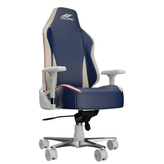 OCPC AMR-12 AMORE Kids Gaming Chair in blue with white trim, ergonomic high back, adjustable armrests.
