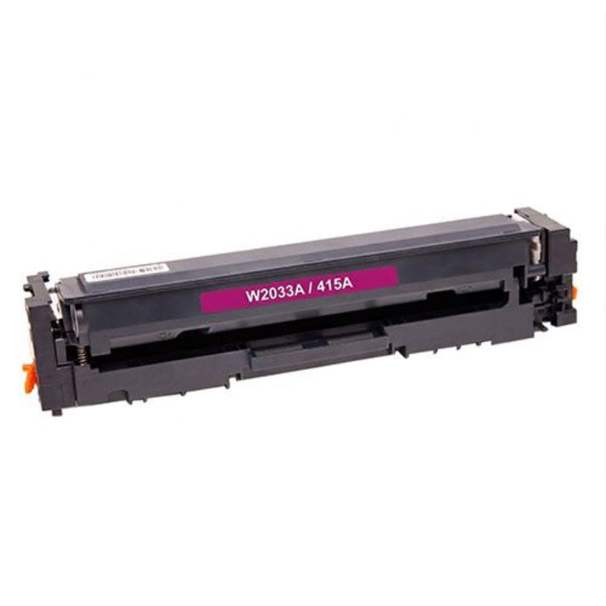 A black toner cartridge with a magenta label reading W2033A / 415A, photographed on a plain white background.