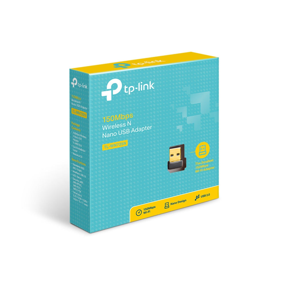 Retail packaging of the TP-Link TL-WN725N 150 Mbps Wireless N Nano USB Adapter showing compact design and key features like Wi-Fi speed and USB 2.0 support.