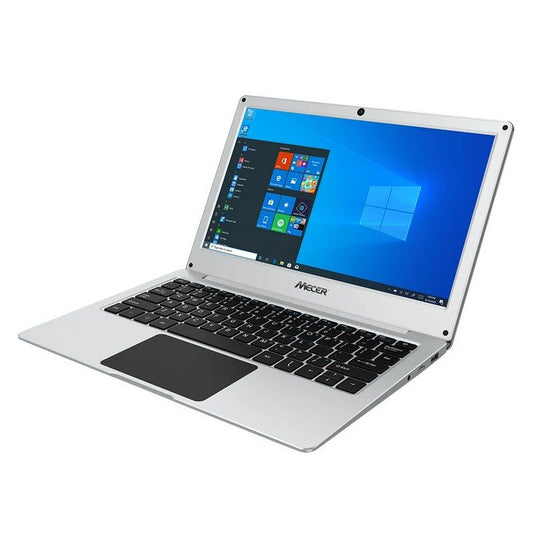 Open Mecer laptop displaying a Windows operating system on a white background