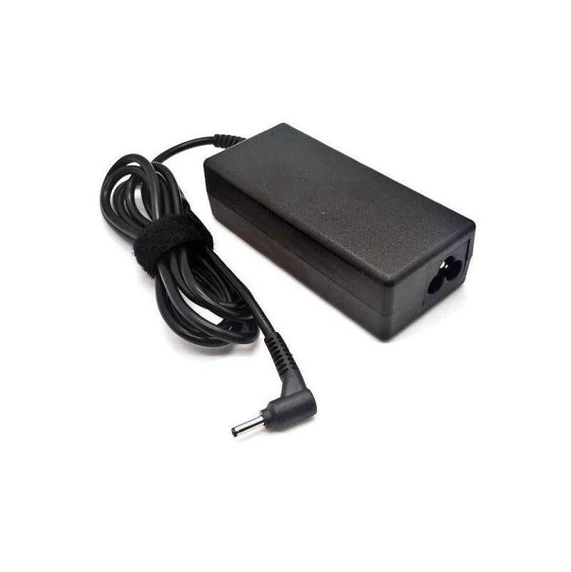 Black power adapter with cable on a white background