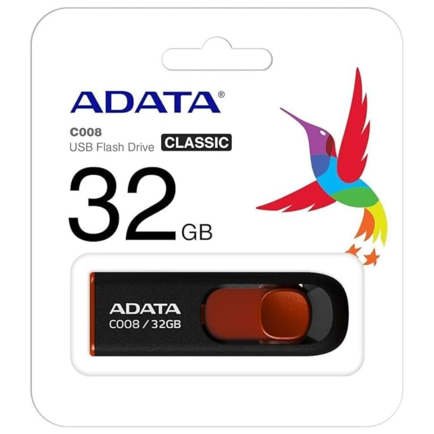 ADATA 32GB USB flash drive packaging with a colorful hummingbird illustration on a white background.