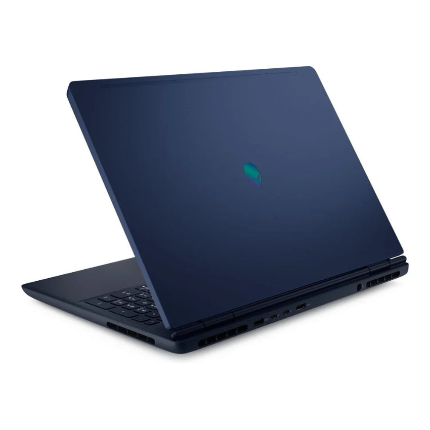 Angled rear view of the Alienware 16 Aurora 16 inch Gaming Laptop showing the back cover with Alienware logo and USB, HDMI, USB-C, power ports and ventilation grills.