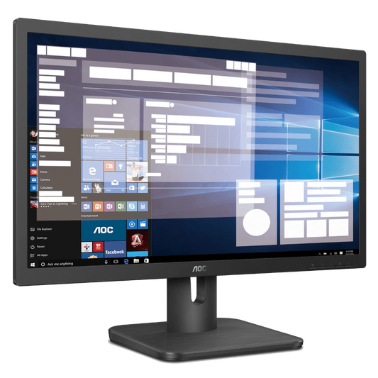 Slight left angled front view of the AOC 20E1H 19.5" HD+ Computer monitor displaying a desktop interface with AOC branding on a white background