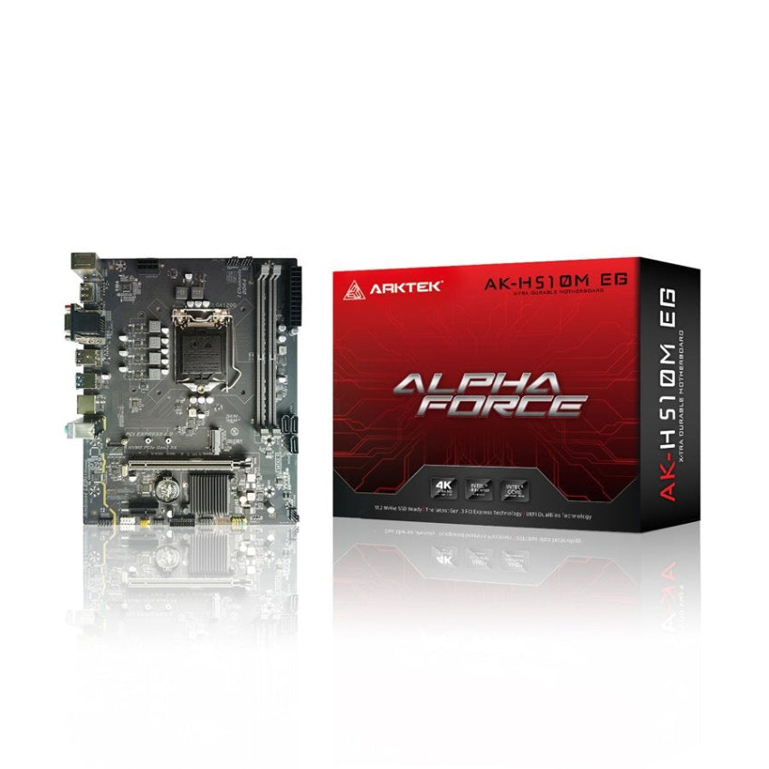 Arktek AK-H510M EG Computer motherboard and its packaging on a white background
