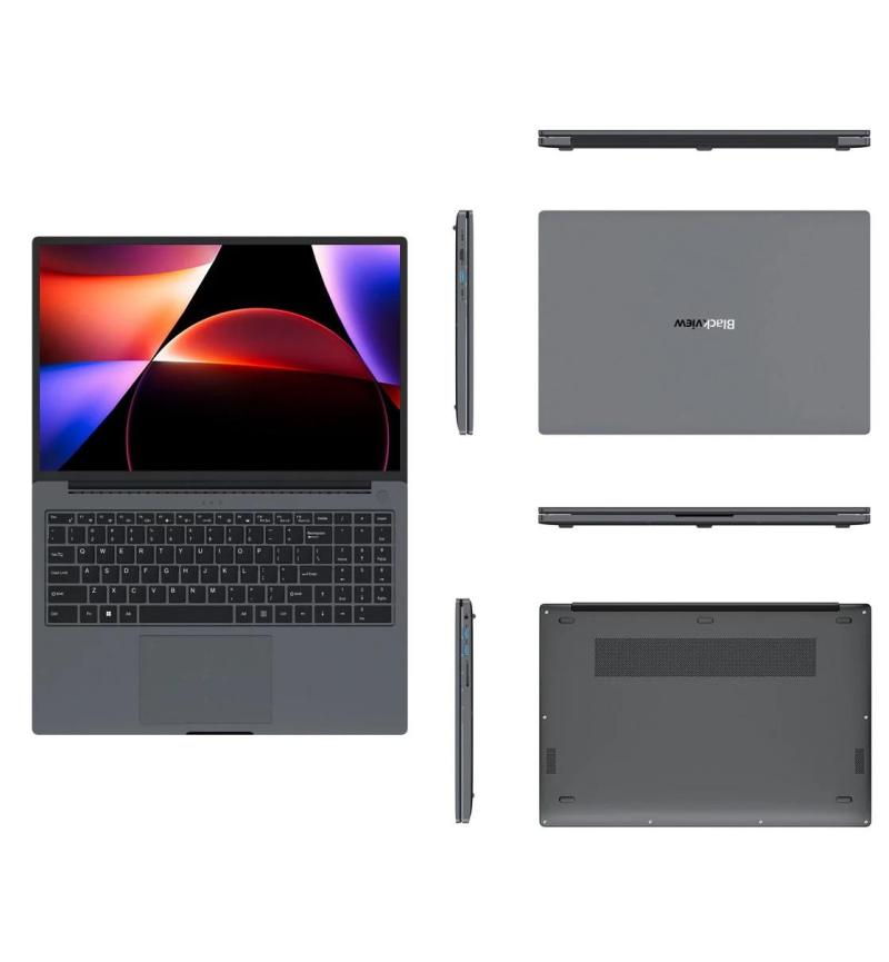 Blackview AceBook 12 16-inch laptop with Intel Core i5, 16GB RAM, 512GB SSD, Windows 11 Pro, shown in multiple angles.