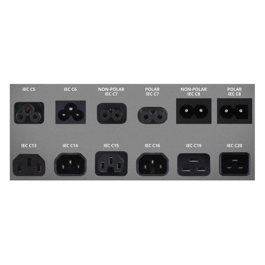 Collection of various electrical plug sockets on a gray background