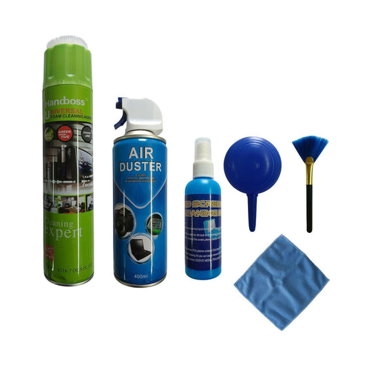 6-in-1 PC Total Cleaning Kit: keyboard, screen, ports cleaner; includes spray cleaner, air duster, blue brush, microfiber cloth