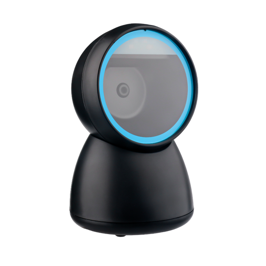 Angled left side view of the DP8283S Black desktop mounted 2D Barcode Scanner on a white background