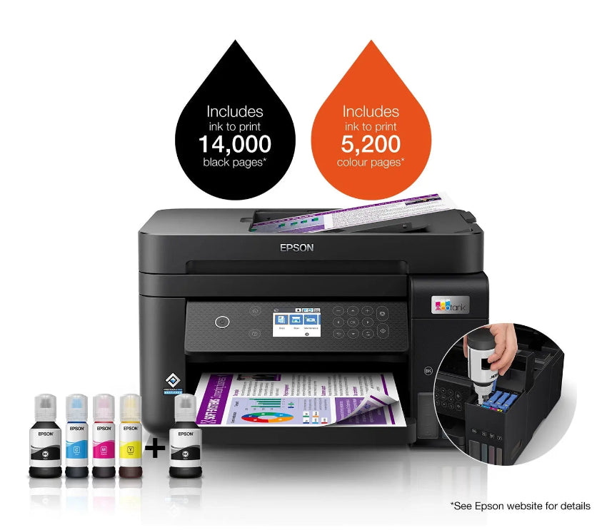 Epson printer with ink bottles and ink cartridge on a white background