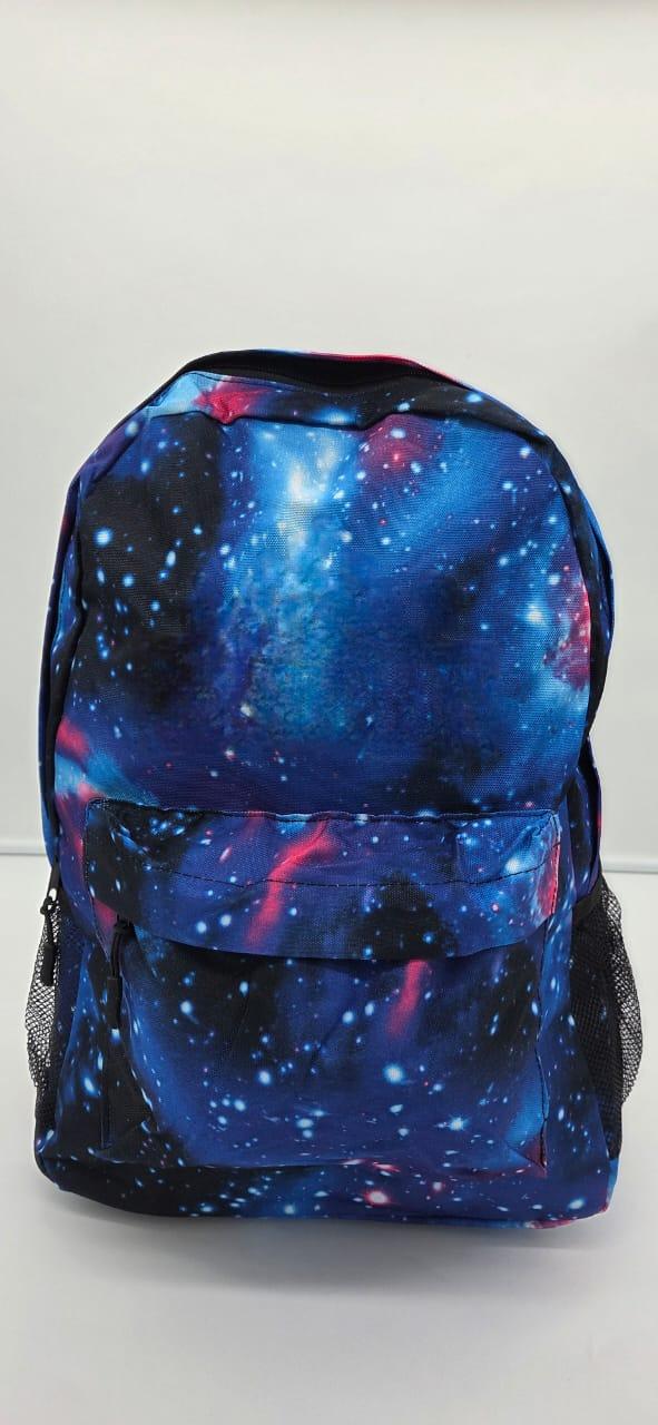 B/PACK 15 Fun Essential backpack with blue galaxy print and side mesh pockets.