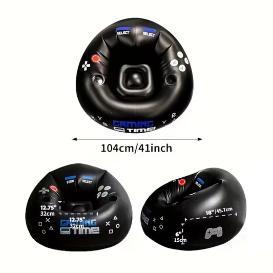 Black gaming inflatable chair bean bag with measurement details on a white background