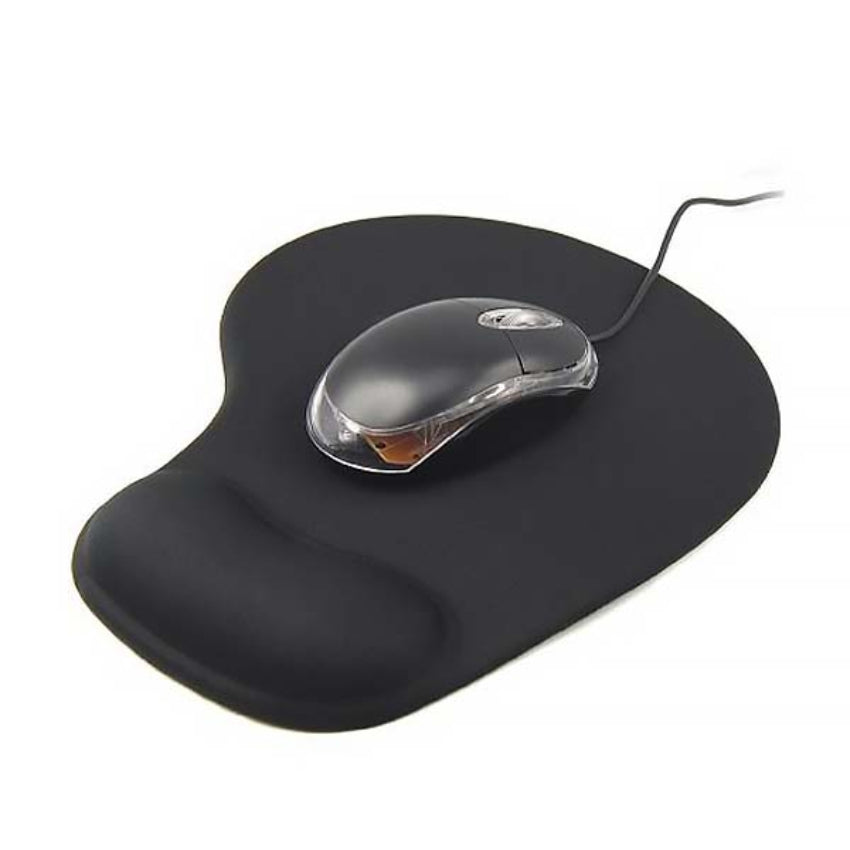 Black mouse pad gel wrist support with a computer mouse on a white background