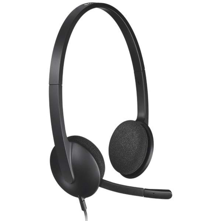 Angled view of the Black Logitech H340 USB Headset