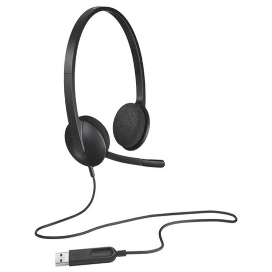 Black Logitech H340 headset with USB cable on a white background