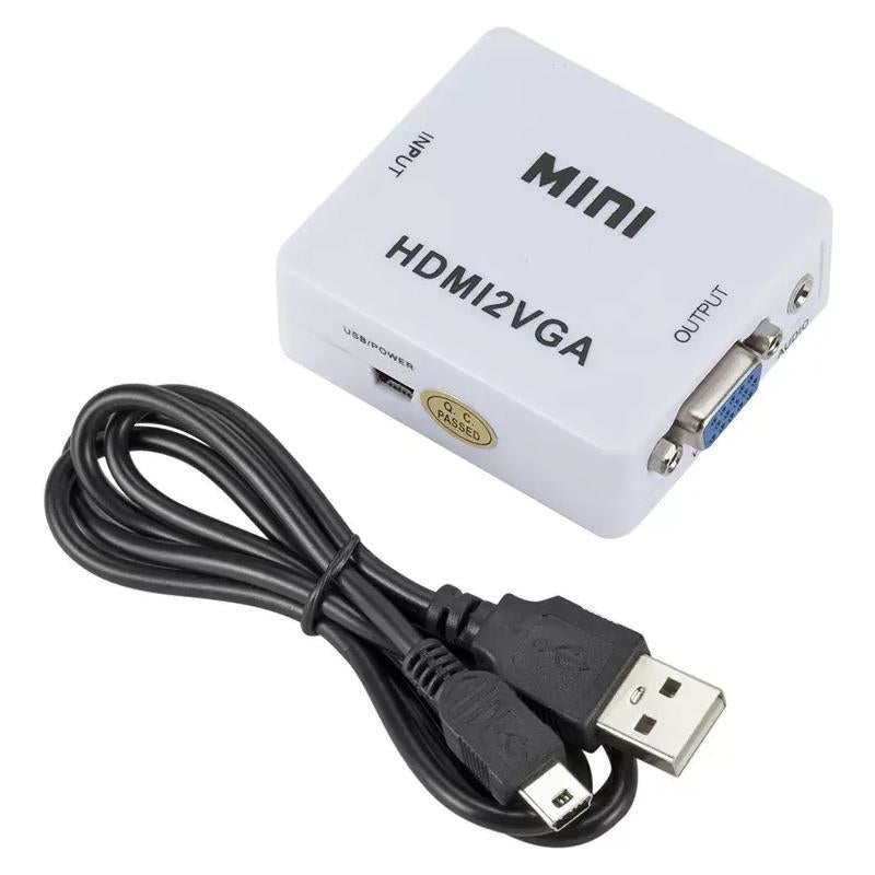 Black adapter with micro HDMI connector and VGA output on a white background