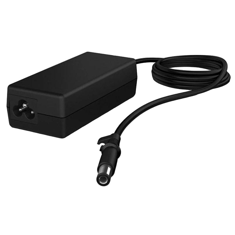 Black power adapter with cable on a white background