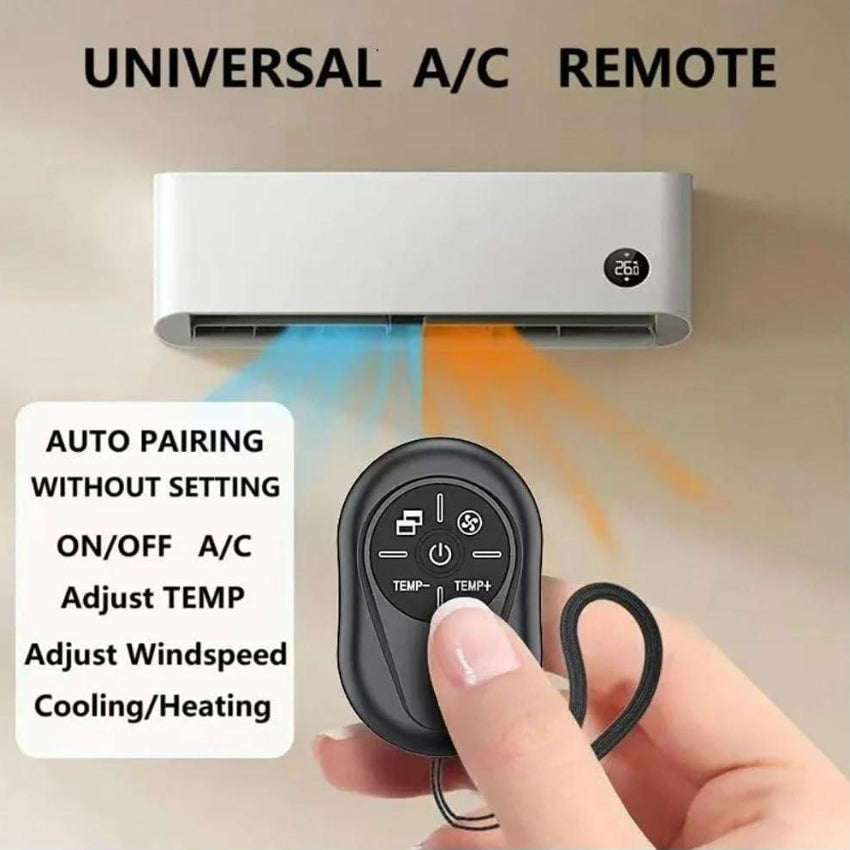 Universal A/C remote control with air conditioning illustration and text on a beige background