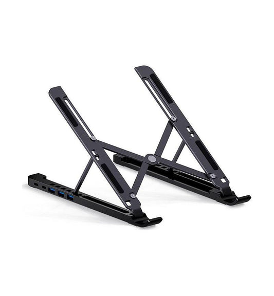 Black adjustable laptop stand on a white background