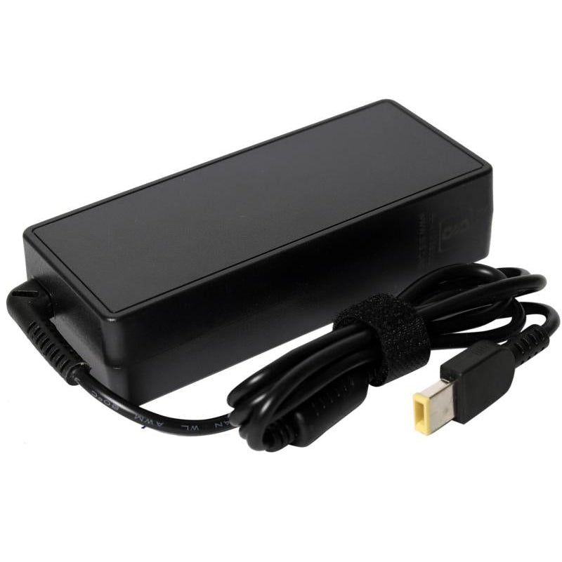 Black power adapter with USB cable on a white background
