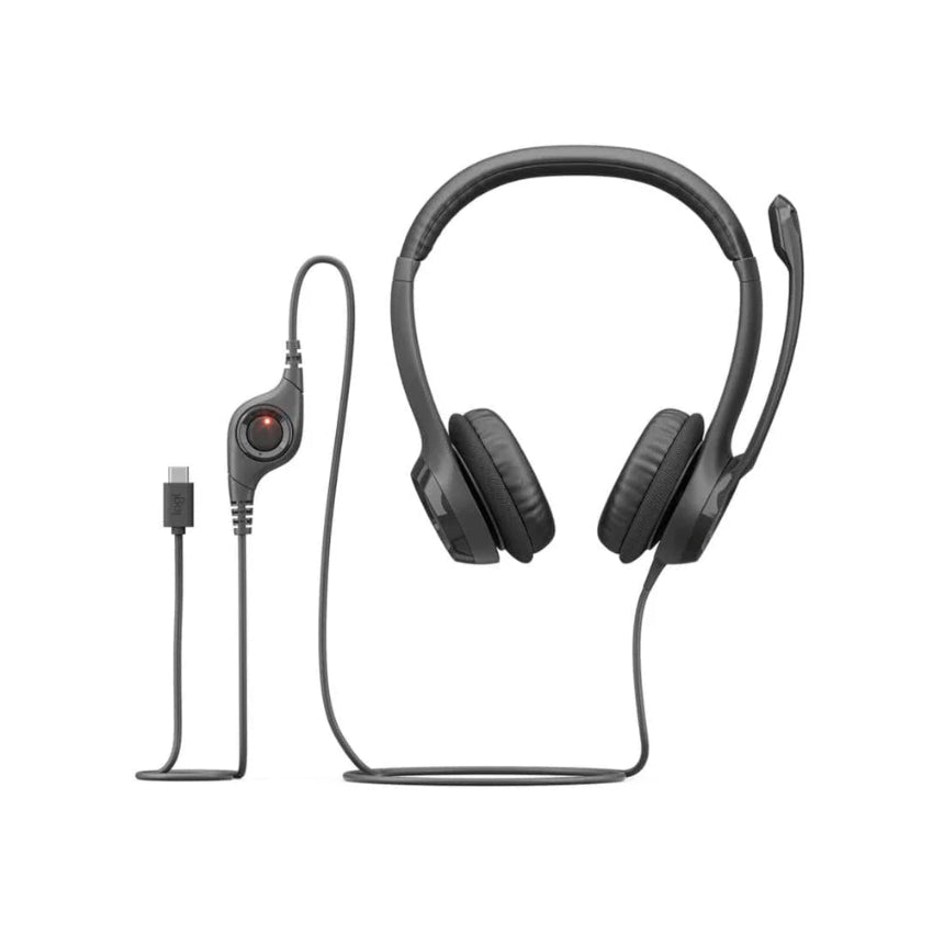 Full view of the Logitech H390 headphones showing the USB-C Connector and inline controls for volume and mic