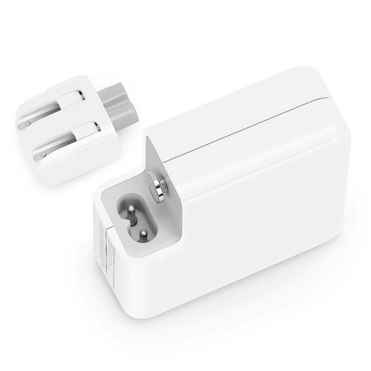 A white wall charger adapter with a detachable plug, shown on a clean white background. The main body is white plastic with a gray interior and a small silver switch, and the separate plug is positioned behind it.