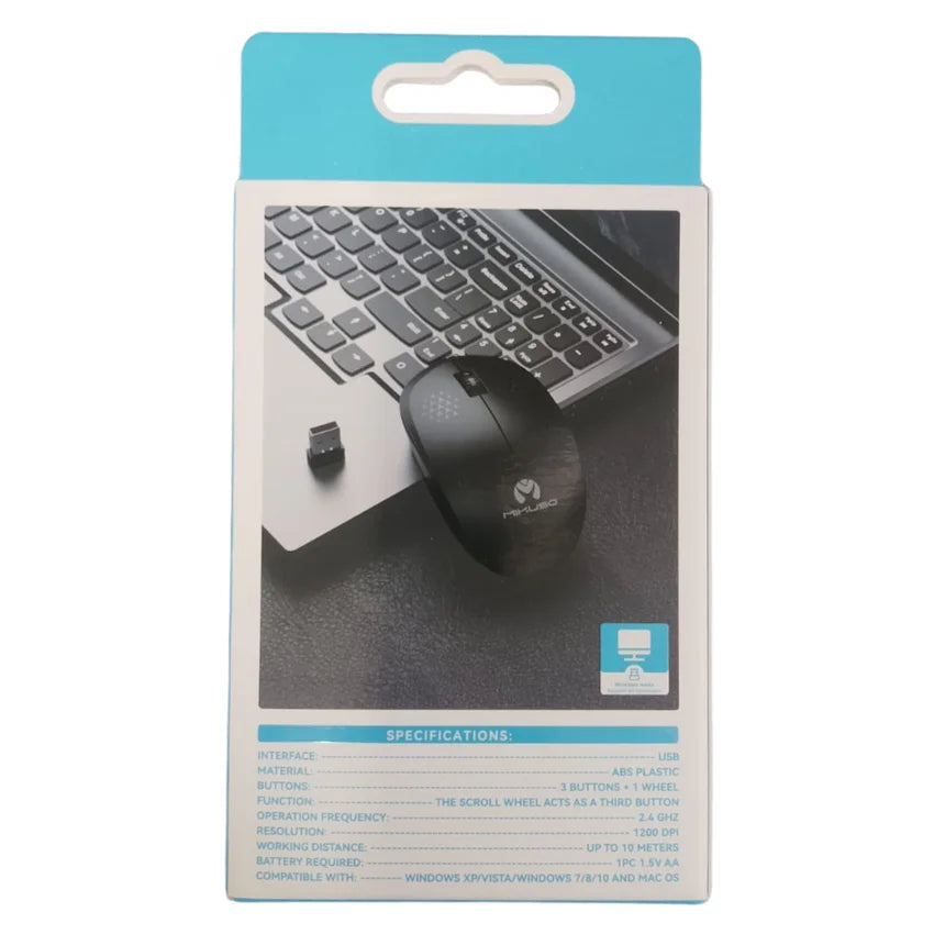 A black wireless computer mouse in its retail packaging, shown with a laptop keyboard and a small USB receiver on the front of the box.