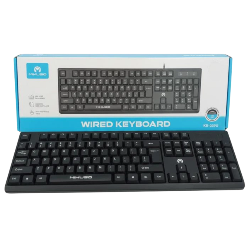 Mikuso KB-039U Black keyboard with packaging on a white background