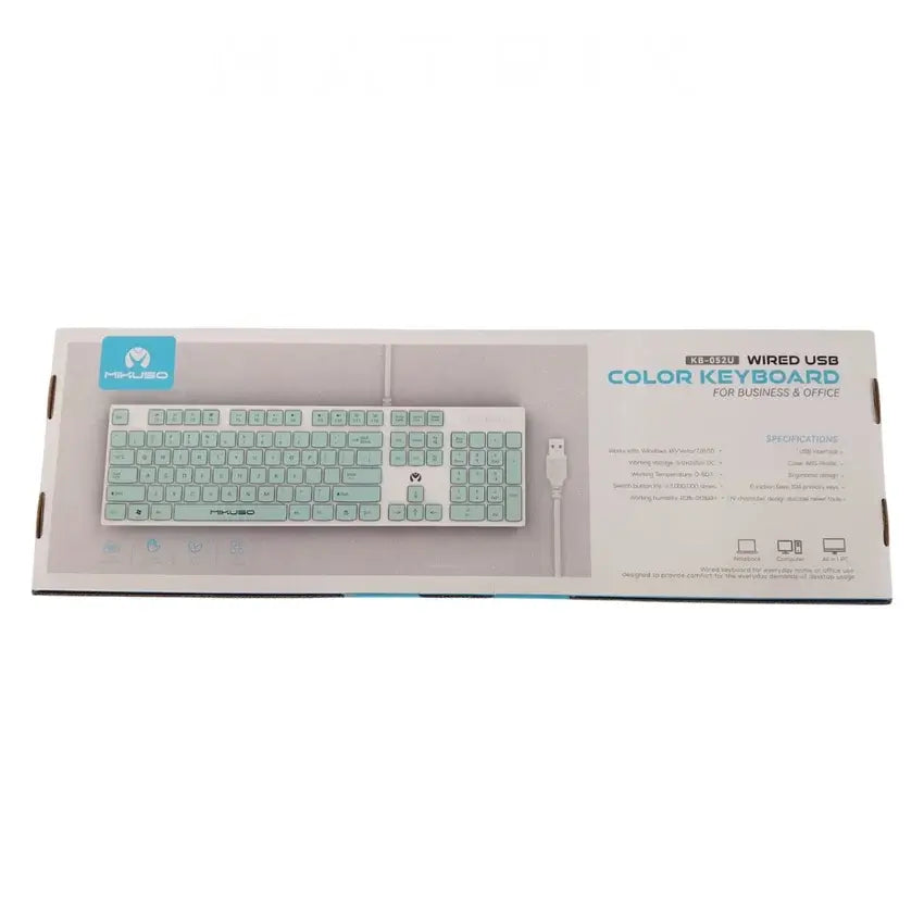 A boxed Mikuso USB keyboard shown in its retail packaging on a plain white background. The keyboard pictured on the box is pale mint green with light gray lettering.