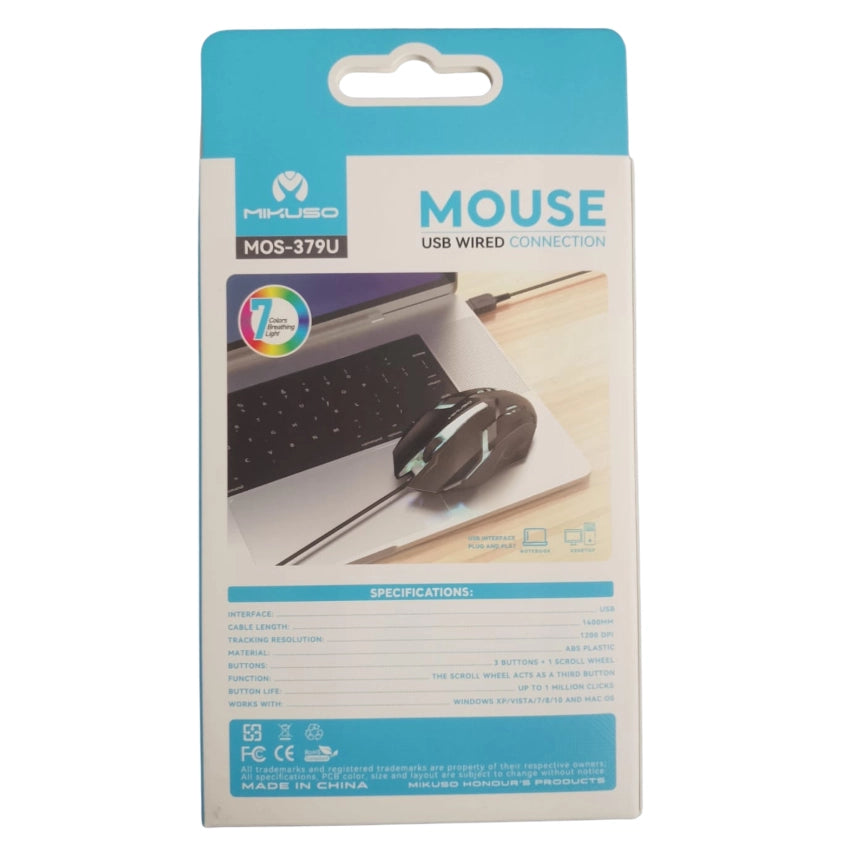 Packaging of a mouse with USB wired connection on a white background