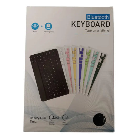 Packaging of a Bluetooth keyboard with colorful keycaps on a white background