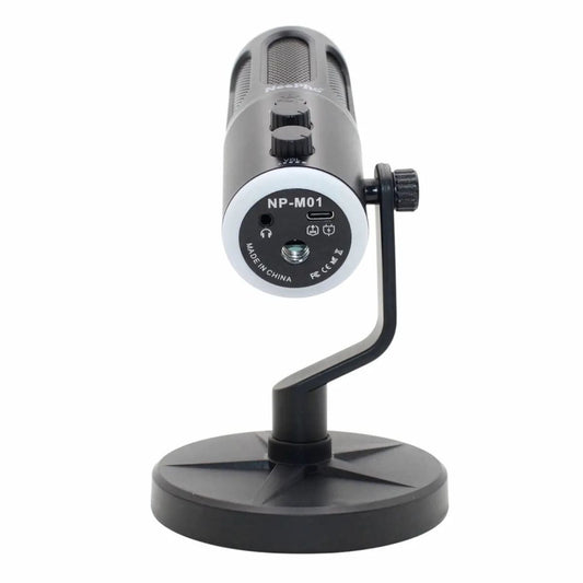 Black USB microphone on a white background