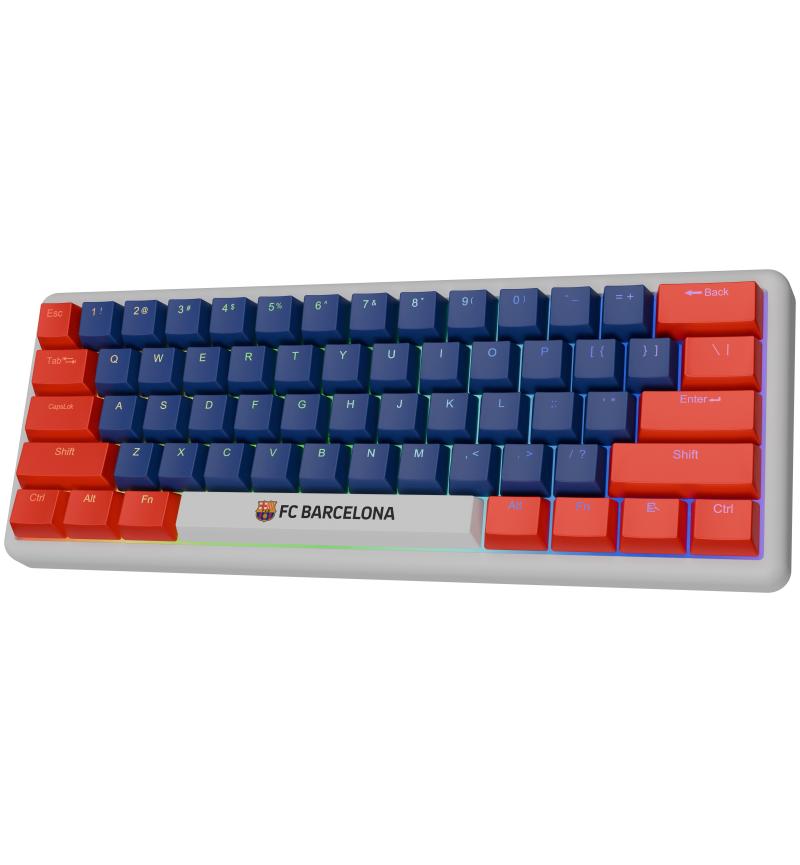 OCPC FCB KR2 wireless 3-in-1 gaming keyboard with RGB backlit, blue and red keycaps, FC Barcelona branding.