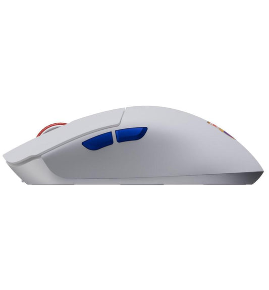 OCPC 3-in-1 gaming mouse in white with blue side buttons and red braided cable.