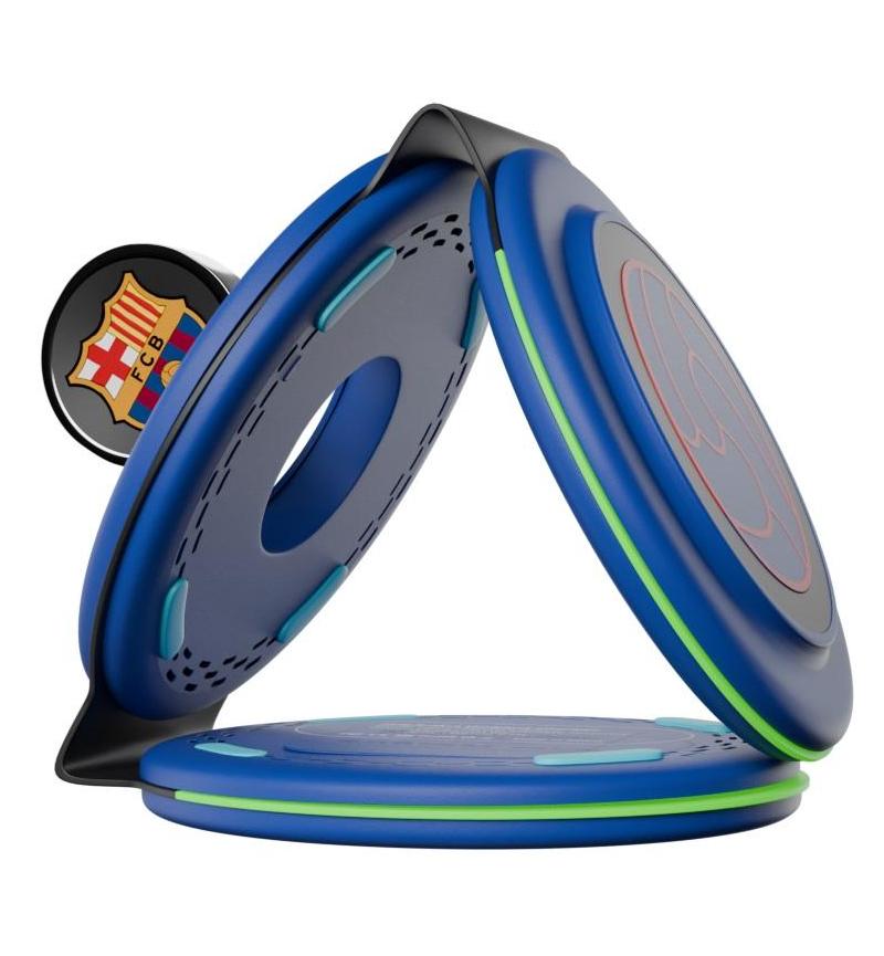 OCPC FCB 3-in-1 wireless charger stand in blue with circular pads and FC Barcelona crest.