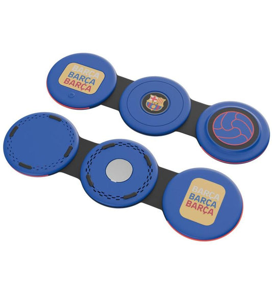 OCPC FCB 3-in-1 wireless charger with blue circular pads and Barça logos for phone, AirPods, and smartwatch