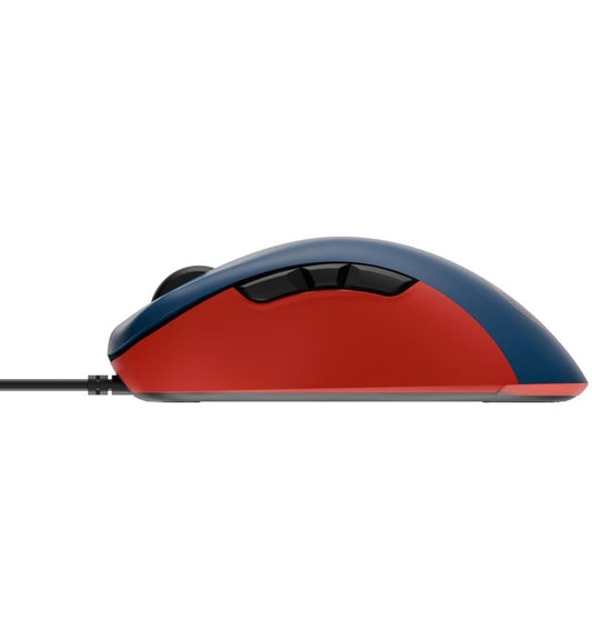 Red and blue computer mouse on a white background