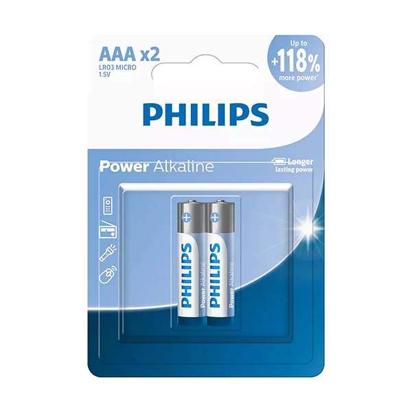 Front packaging of Philips Power Alkaline AAA Batteries 2-pack showing two 1.5V LR03 Micro batteries in a blue and white blister pack with Philips logo and ‘Up to +118% more power’ label