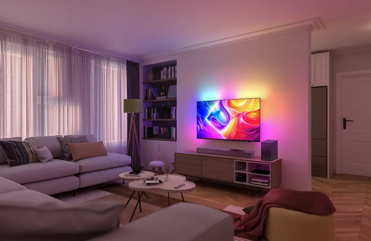 Modern living room with a colorful LED light display on a television.
